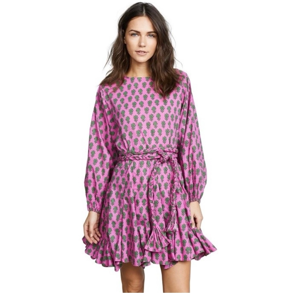 Rhode Resort Ella Mini Dress Pink Green Block Print Braided Tassel Belt Small